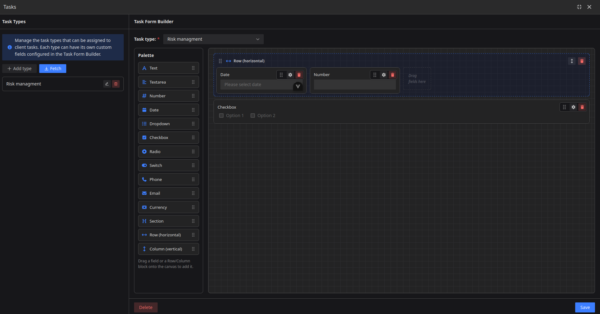Task Form Builder — custom fields for a task type